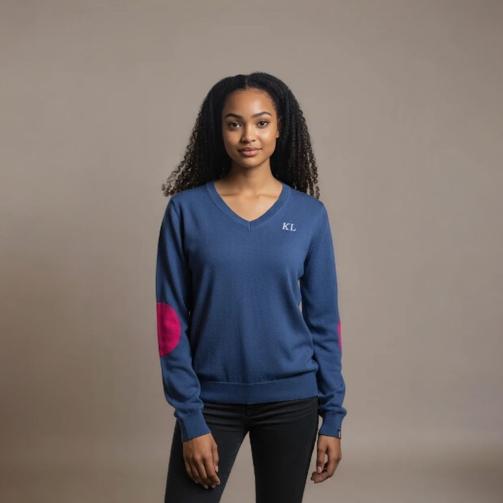 Blue V-Neck Sweater with Pink Elbow Patches
